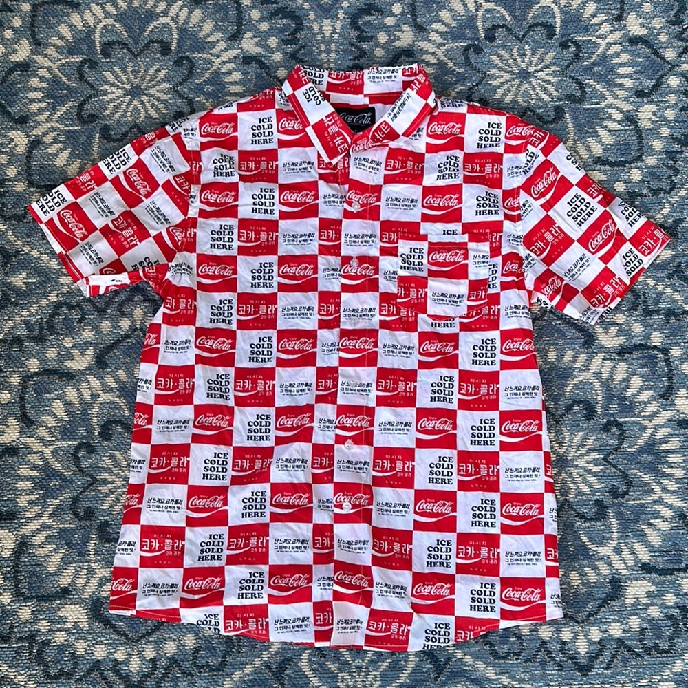 Coca Cola Red and White Casual Button Down Shirt - English & Korean - NWOT
